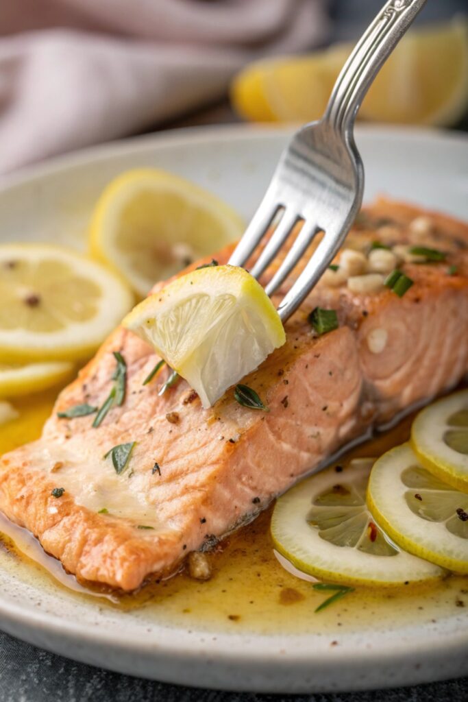 Lemon Butter Salmon – Low-Carb Dinner Meal Idea 2 Salmon fillet sizzling in skillet with butter