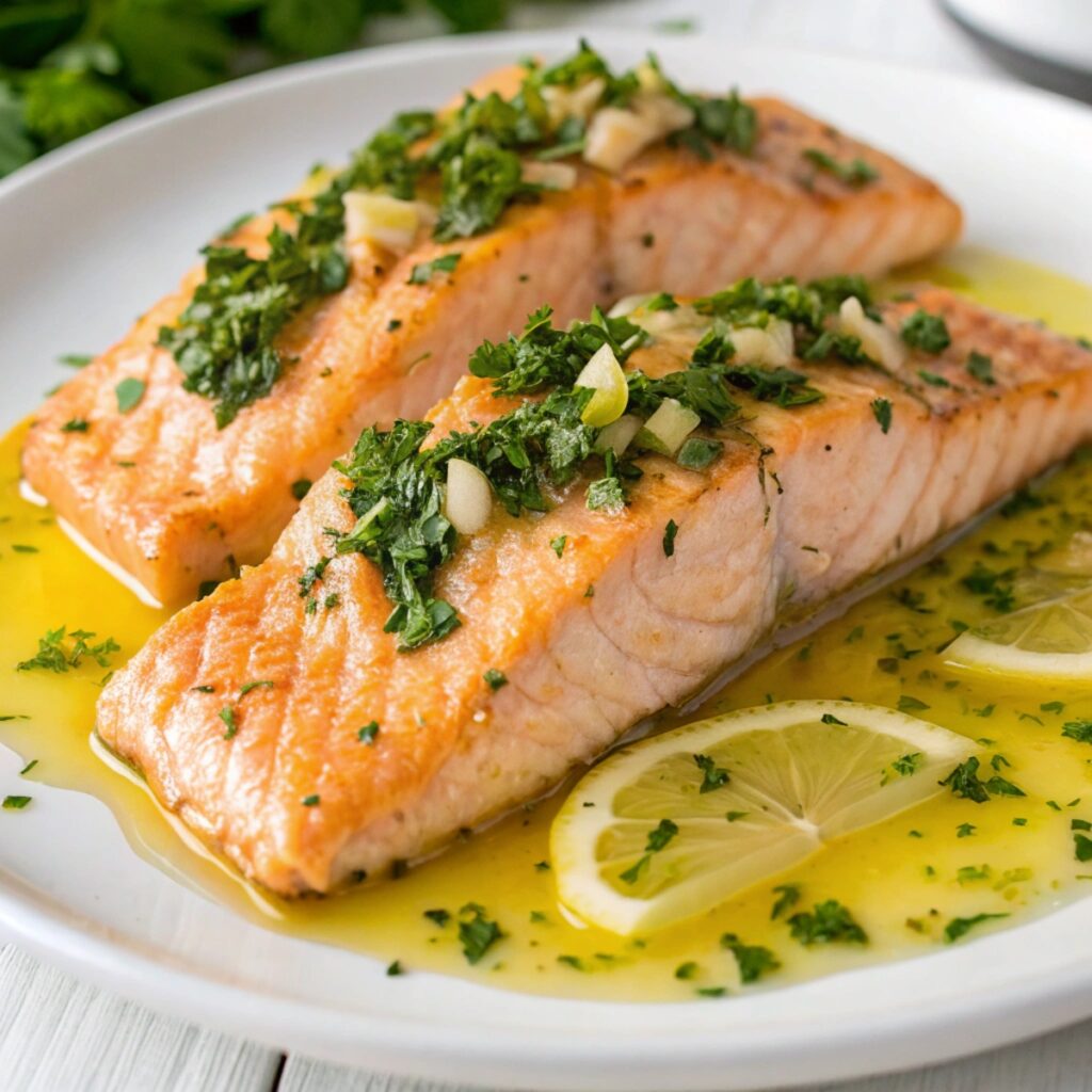 Seared salmon fillets with lemon slices and fresh parsley in lemon butter sauce