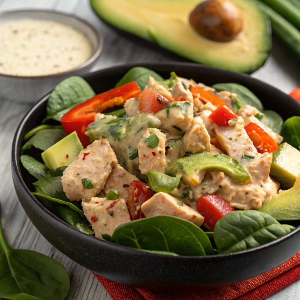 Overhead photo of keto chicken taco salad in a rustic bowl with fresh toppings