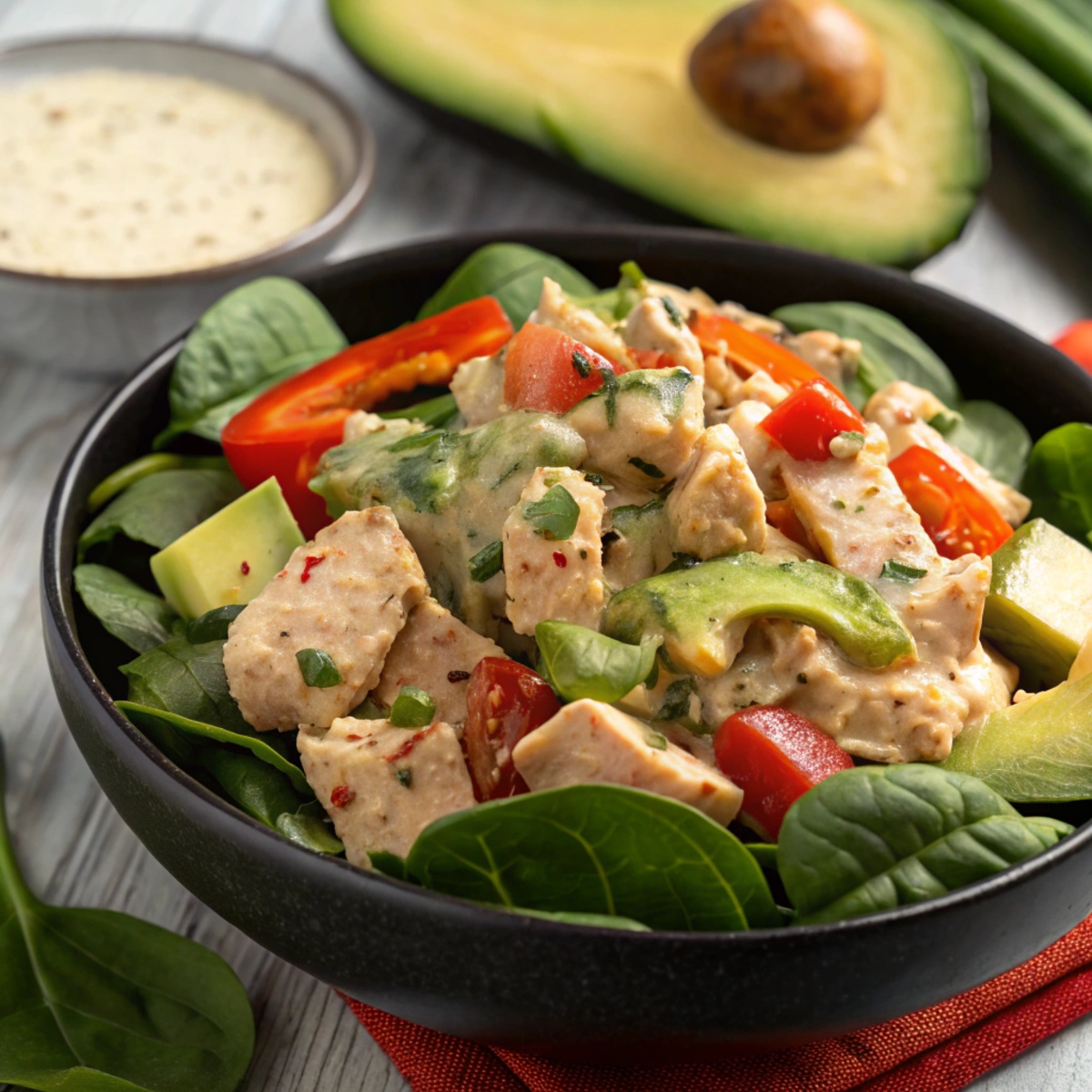Overhead photo of keto chicken taco salad in a rustic bowl with fresh toppings