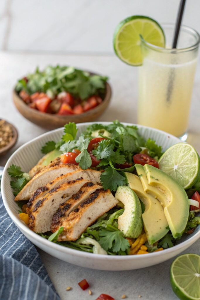 Keto Chicken Taco Salad 2 Finished keto chicken taco salad with fresh toppings and avocado