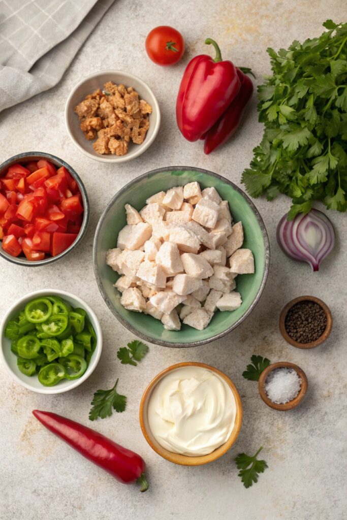 Keto Chicken Taco Salad 3 Ingredients for keto chicken taco salad arranged in bowls