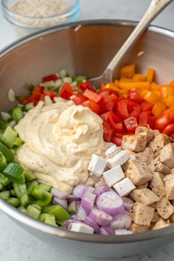 Keto Chicken Taco Salad 4 Combining chicken and veggies in a bowl for taco salad