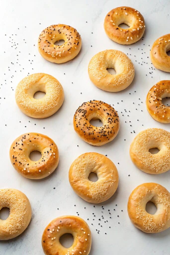 "Low carb bagels on a white background with sesame and everything bagel seasoning
