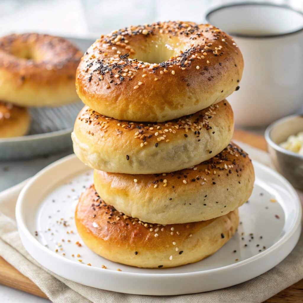Stack of golden low carb bagels with sesame seeds and everything seasoning