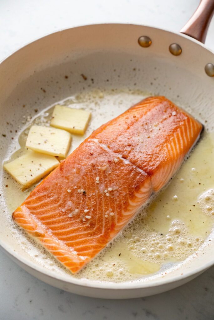 Lemon Butter Salmon – Low-Carb Dinner Meal Idea 4 Salmon fillet sizzling in skillet with butter